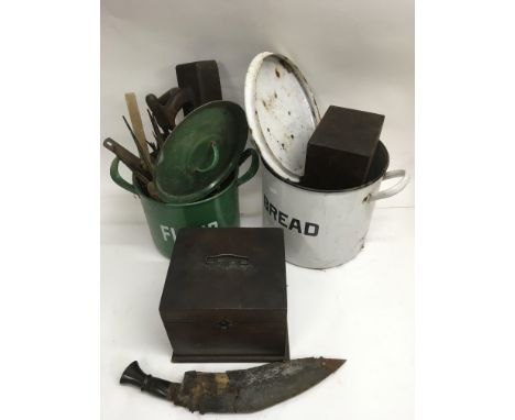 Two old enamel storage tins, boxes and tools