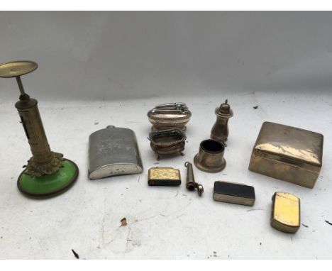 A collection of various items including a stamped silver box, a Ratcliff glass and brass letter scales, a number of lighters,