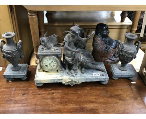 A spelter and marble Figural clock garniture