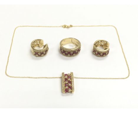 A 14ct gold and diamond jewellery set comprising a necklace and pendant, ring and a pair of earrings, approx total weight 24.