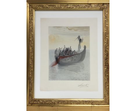 A hand signed Salvador Dali print in a gilt frame depicting figures on a small boat at sea, approx size including frame 44cm 