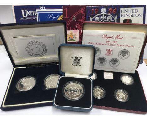 1984/87 silver proof pound coin set, £5 silver proof coin, jubilee x2 £5 silver proof boxed and 3 uncirculated British coin c