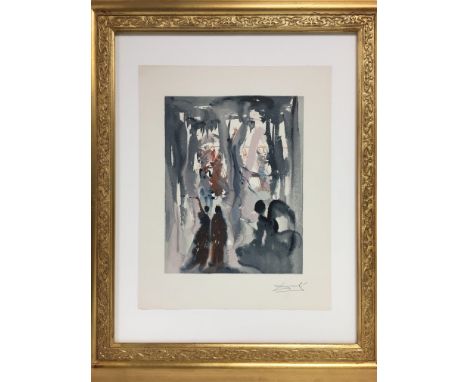 A hand signed Salvador Dali print in a gilt frame depicting various figures in what looks like a woodland setting, approx siz