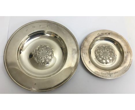 Two London silver plates each bearing Tudor rose motif.Approx 443g