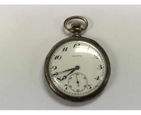 A silver cased Zenith pocket watch, damage to dial.