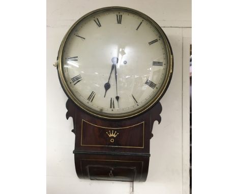 A mahogany drop dial wall clock the dial with Roman numerals the case with brass inlay dial 32 cm