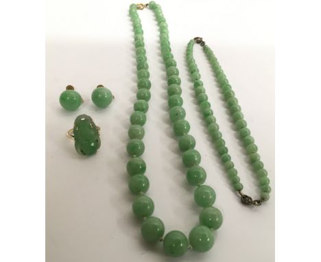 A 1940's gold and jade type bead necklaces, earrings and intaglio ring