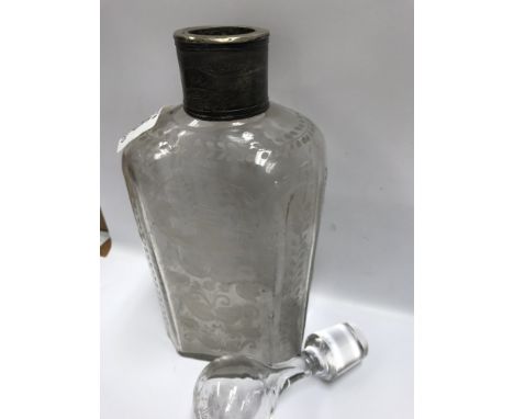 An early Georgian etched decanter, a small hallmarked silver perfume bottle and 4 additional glass items