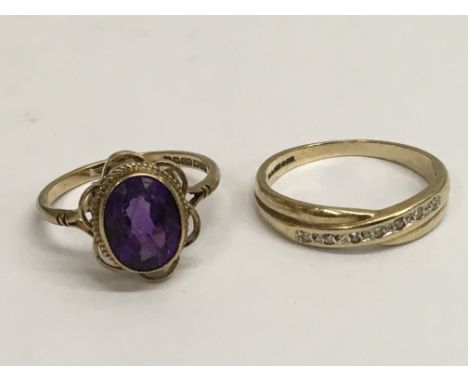 Two 9ct gold rings, one set with an amethyst, the other of twist form set with white chip stones