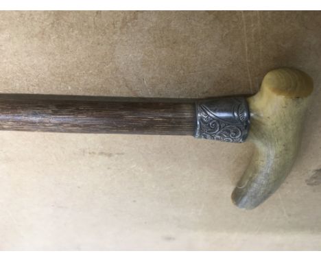 A Edwardian walking stick with horn handle and silver collar