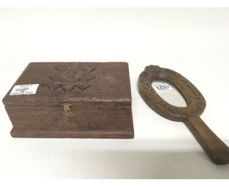 A I World War trench craft carved wood mirror and a carved oak box with badge of the Highland light inventory. (2) - NO RESER