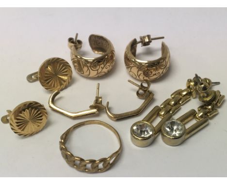 A 9ct gold ring and pairs of earrings various