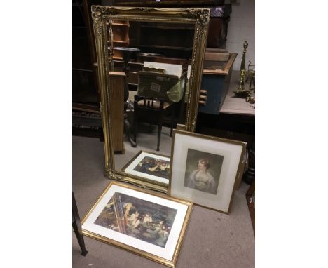A large, modern gilt framed mirror, a signed lithograph and a Pre-Raphaelite print.Mirror approx 176x137cm