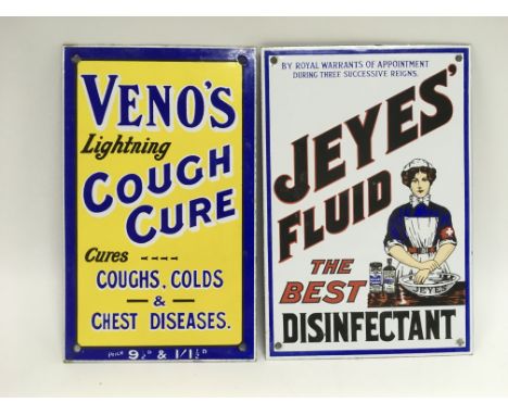 Two small enamel advertising signs for Veno's cough cure and Jetes fluid, approx 15.5cm x 25.5cm - NO RESERVE