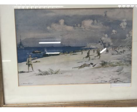A framed print battle on the beach by Norman Wilkinson.