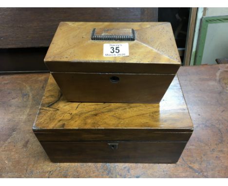 A small sarcophagus shaped tea caddy together with a small mahogany work box.