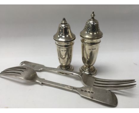 Two silver salts together with silver forks - London Hallmarks 221g