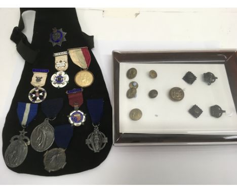 A group Masonic medallions including silver enamel examples plus some military buttons