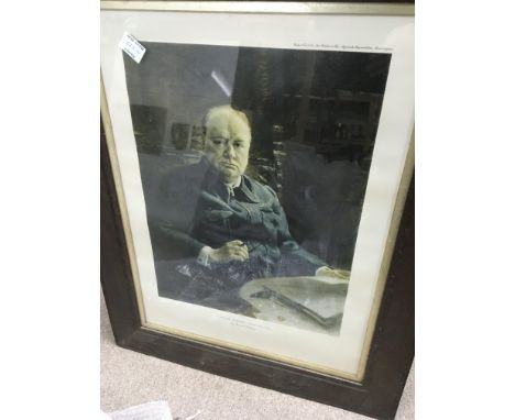 A oak framed print depicting Winston Churchill.