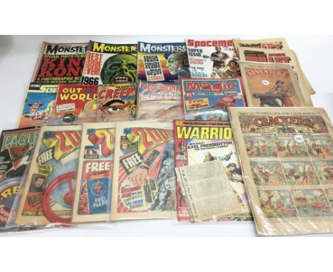 A collection of vintage Science Fiction magazines and comics including a 1966 'Famous Monster' yearbook, No.1 issues of 'Warr