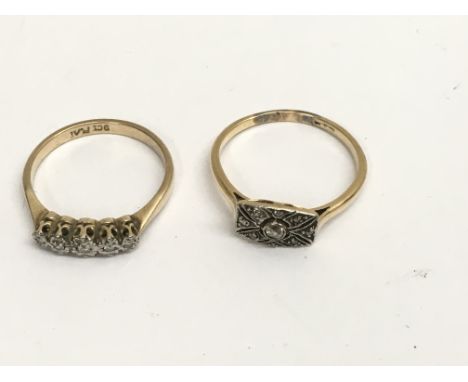 Two 9ct gold rings, one of Art Deco design set with small chip stones.Approx P/R