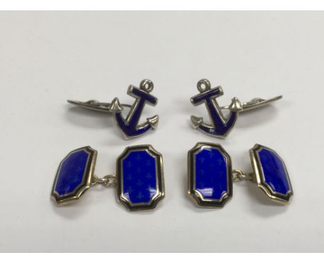 Two pairs of silver and enamel cufflinks, one pair in the form of anchors.