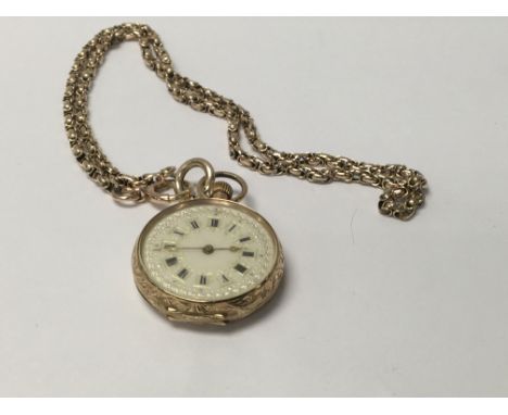 A 14 ct gold button wind pocket the dial with Roman numerals with attached 9 ct gold chain 12 grams approx