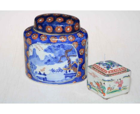 Chinese tea caddy and cover, with six-character mark to base and another Oriental box and cover.