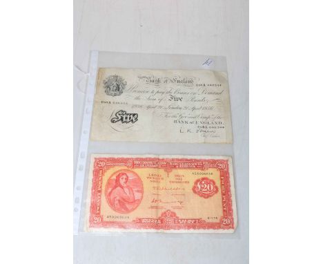 Bank of England white five pounds, L K O'Brien, London 21st April 1956, serial no. C68A  046344 and, The Central Bank of Irel