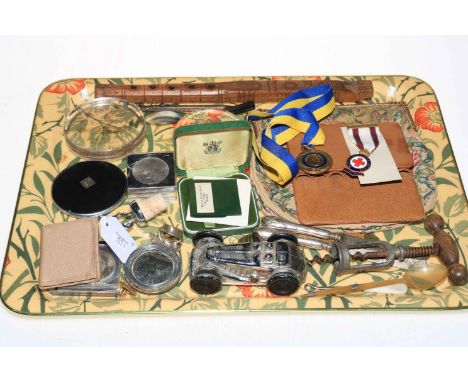 Treen flute, textile handbag, coins, paperweights, compact, corkscrew etc.