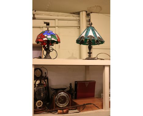 Viners canteen of cutlery, oil lamp, inlaid mantel clock, scales with weights, mirror, two Tiffany style lamps etc.