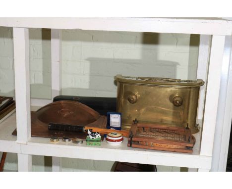 Art Nouveau copper fire canopy, violin in case, copper fire guard, tennis racket, enamel trinket boxes, mirror, pictures etc.