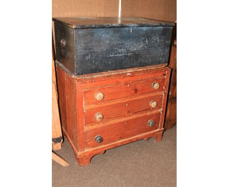 Pine chest of three long drawers and pine trunk (2).