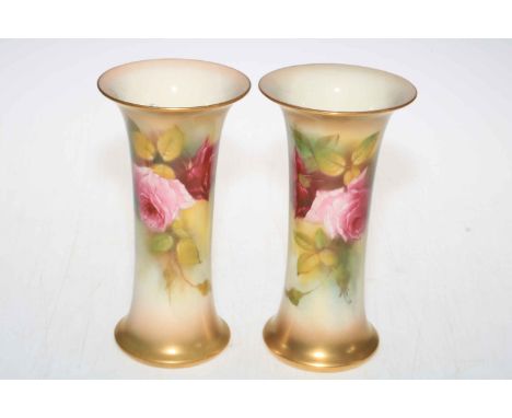 Pair of Royal Worcester G 923 painted floral vases, signed K Blake, 19cm high.