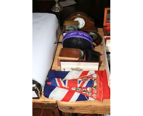 Two c1920-1940 autograph books, Edwardian inlaid mantel clock, costume jewellery, flags etc.