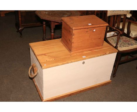 Victorian pine and painted trunk and small pine box.
