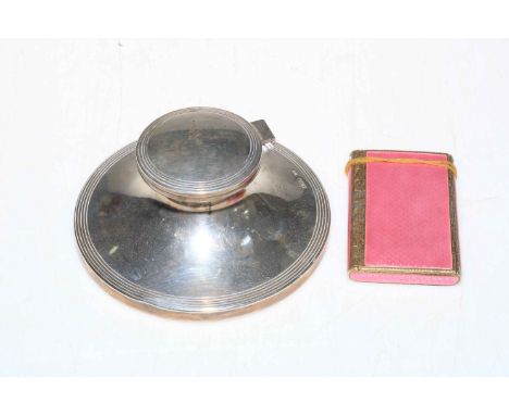 Pink enamel silver gilt box, .925, 8cm across and silver capstan inkwell (2).