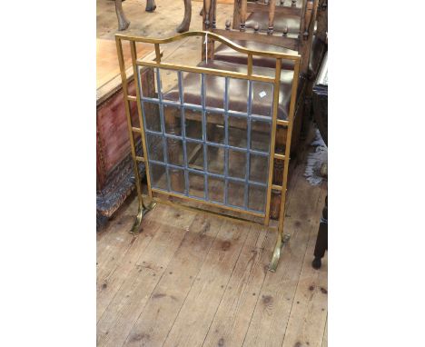 Edwardian satin brass glazed panel fire screen, 80cm by 57.5cm.