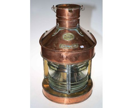 Copper and brass mast head ships lamp lantern, 54cm high.