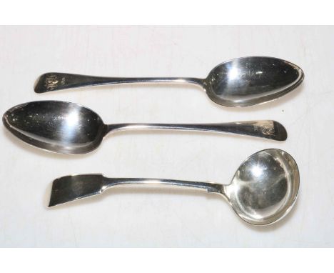 Pair silver Old English pattern tablespoons, Sheffield 1917 and silver sauce ladle, Sheffield 1892 (3)