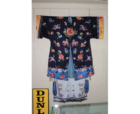 Vintage Chinese embroidered silk? robe with rose quartz buttons and floral and dragon design, a pair of embroidered silk leg 