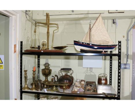 Collection of metal wares including oil lamp, scales, teapots etc., together with sea shells, tobacco jar, sword, model yacht