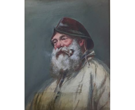 W. HOPKINS. Framed, glazed oil on canvas, fisherman smoking pipe, 23.5cm x 18.5cm.