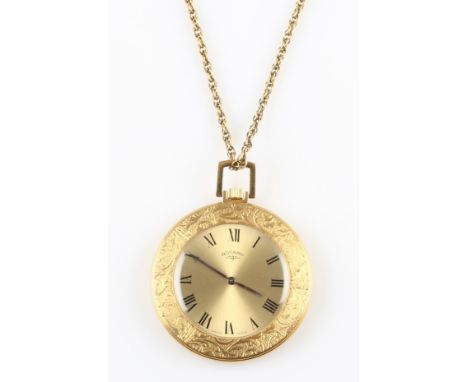 A gold plated Rotary slimline pocket watch, on a fancy curb link chain, indistinctly stamped.