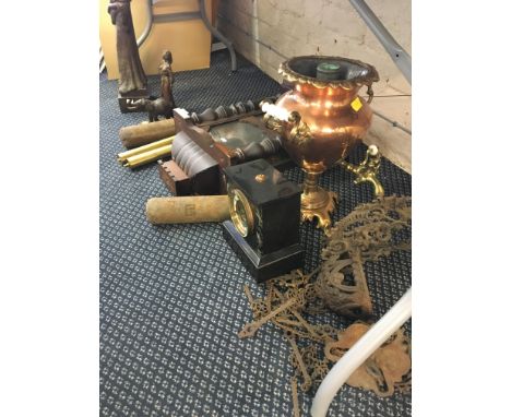 A selection of items to include wall clock, marble mantle clock, bronzed finished figures etc.