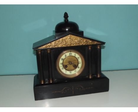 Victorian slate mantel clock by Pearce & Sons, Paris, architectural form, white enamelled dial with Arabic numerals flanked b