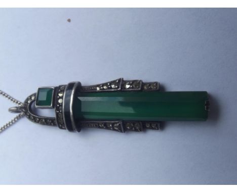 German Theodor Fahrner art deco pendant and chain, silver chain and geometric pendant with black enamel, marcasite and green 
