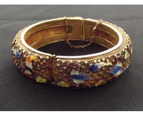 Gilded Silver Chinese style bangle enamelled with exotic birds and fish