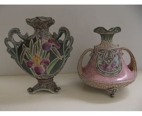 Two early 20th century Japanese Nippon Moriage vases each with clad enamel overlay, one of twin handled form, one of three ha