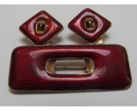 J Tostrup Norwegian silver and enamel brooch and earring set, slight enamel loss to one earring